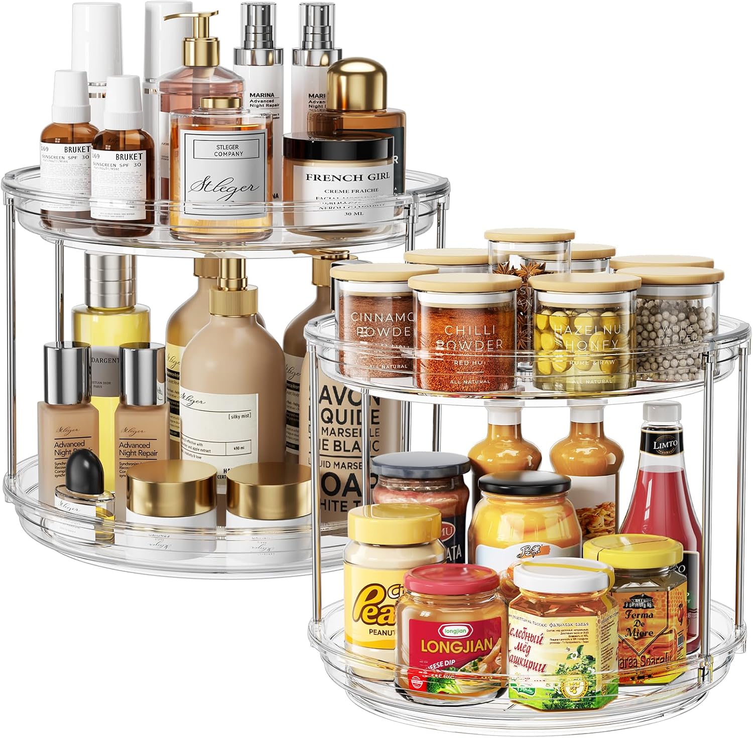 2 Pack 2 Tier Lazy Susan Organizer, 9.25'' Lazy Susan Turntable for Cabinet, Stackable Turntable