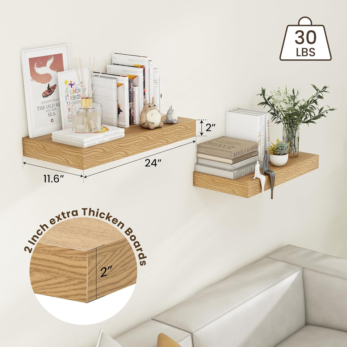 Deep Floating Shelves, 12 Inch Deep Rustic Floating Shelves Set of 2, 24 Inch Large Oak Wood Wall