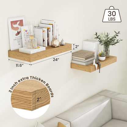 Deep Floating Shelves, 12 Inch Deep Rustic Floating Shelves Set of 2, 24 Inch Large Oak Wood Wall