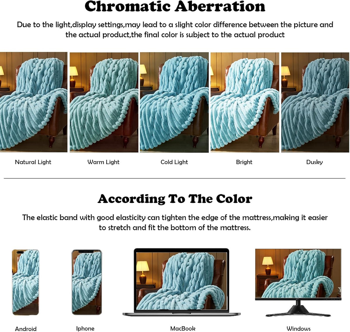 NEWCOSPLAY Faux Fur Throw Blanket Blue 3D Ribbed Plush Thick Warm Blanket for Couch Sofa Bed 850GSM
