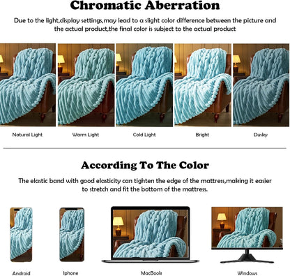 NEWCOSPLAY Faux Fur Throw Blanket Blue 3D Ribbed Plush Thick Warm Blanket for Couch Sofa Bed 850GSM