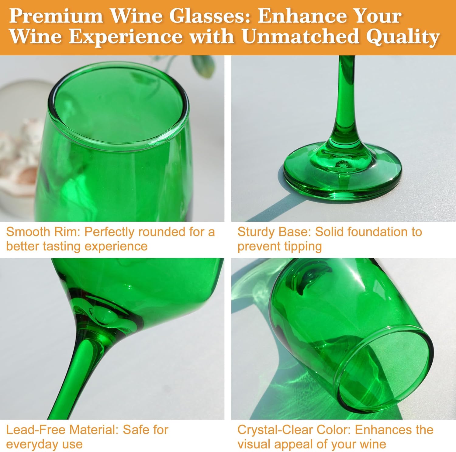 Green Wine Glasses Set of 6-12oz Green Long Stem Wine Glass Cups, Pretty Crystal Glassware, Hand