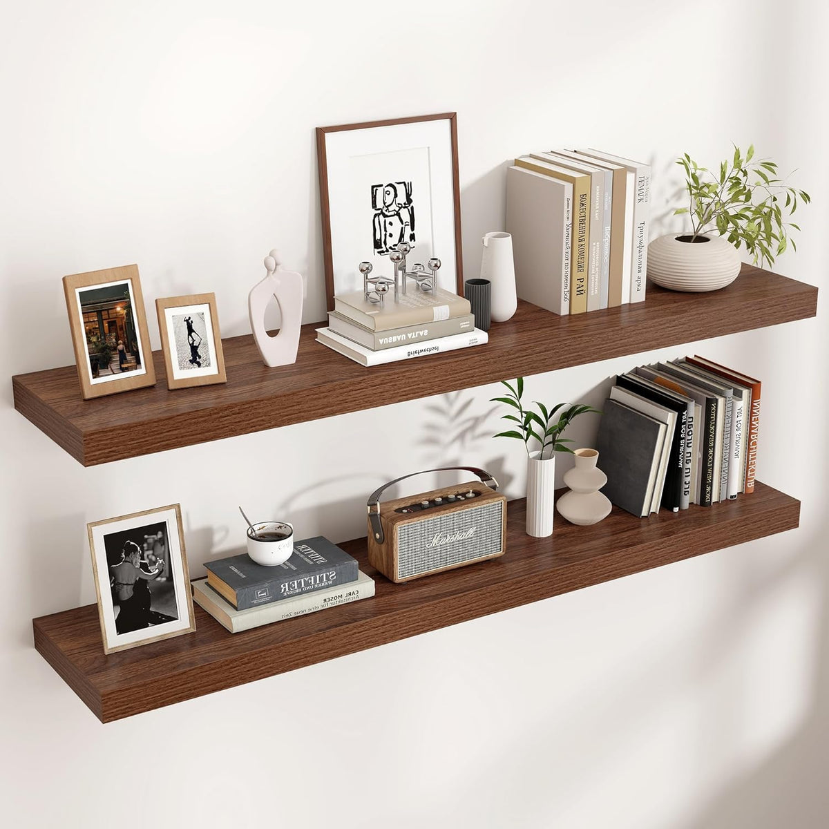Floating Shelves - 2 Large Wall Mounted Shelves with Invisible Brackets, Long Walnut Wood Floating