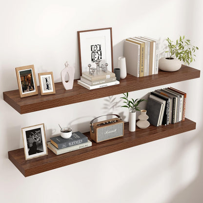Floating Shelves - 2 Large Wall Mounted Shelves with Invisible Brackets, Long Walnut Wood Floating