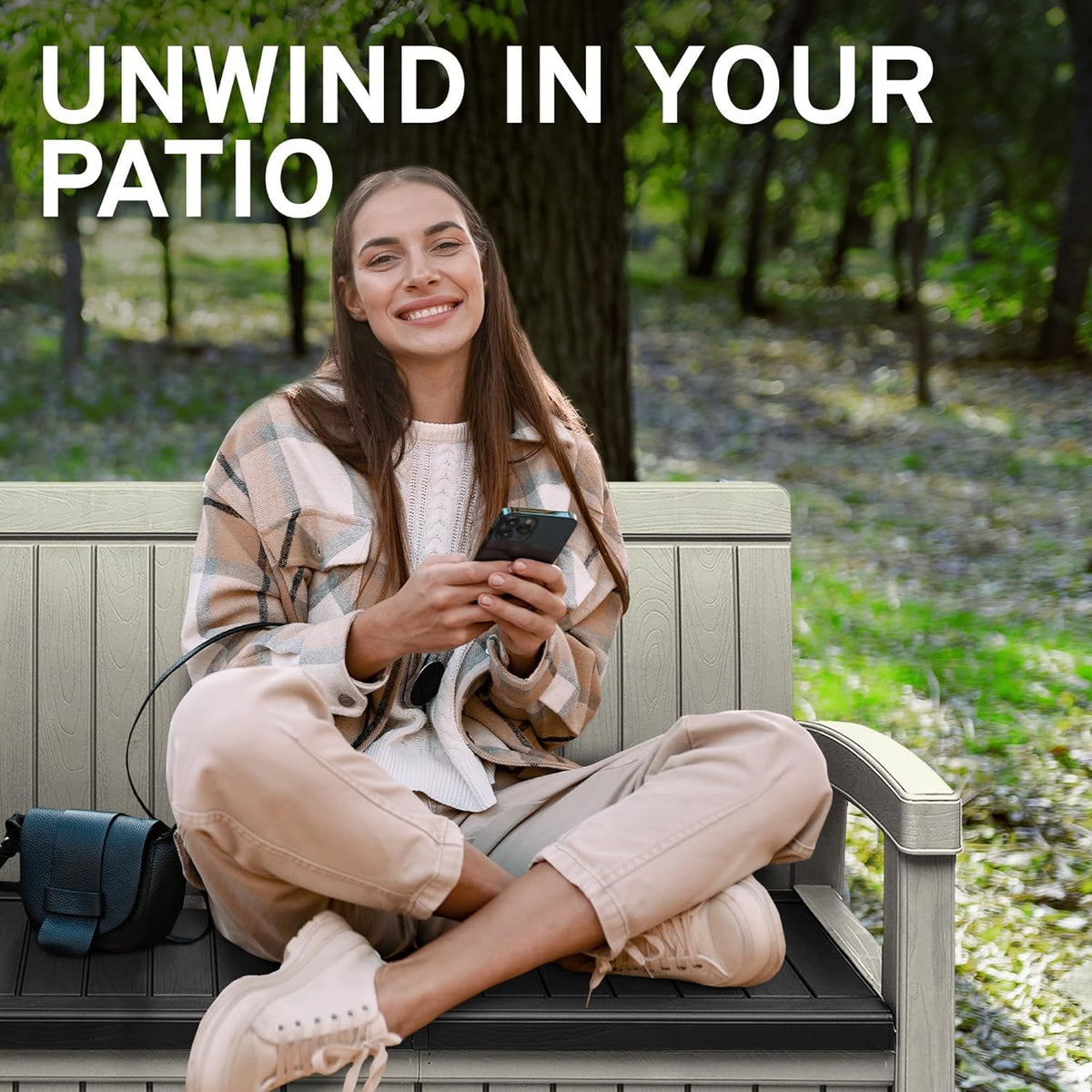 EconoHome 2 Seat Outdoor Storage Bench with Rain Cover - 60 Gallon Capacity - Weatherproof Resin