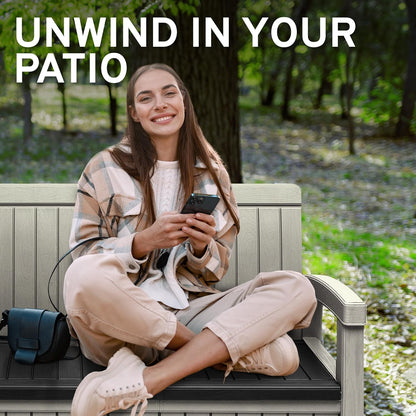 EconoHome 2 Seat Outdoor Storage Bench with Rain Cover - 60 Gallon Capacity - Weatherproof Resin