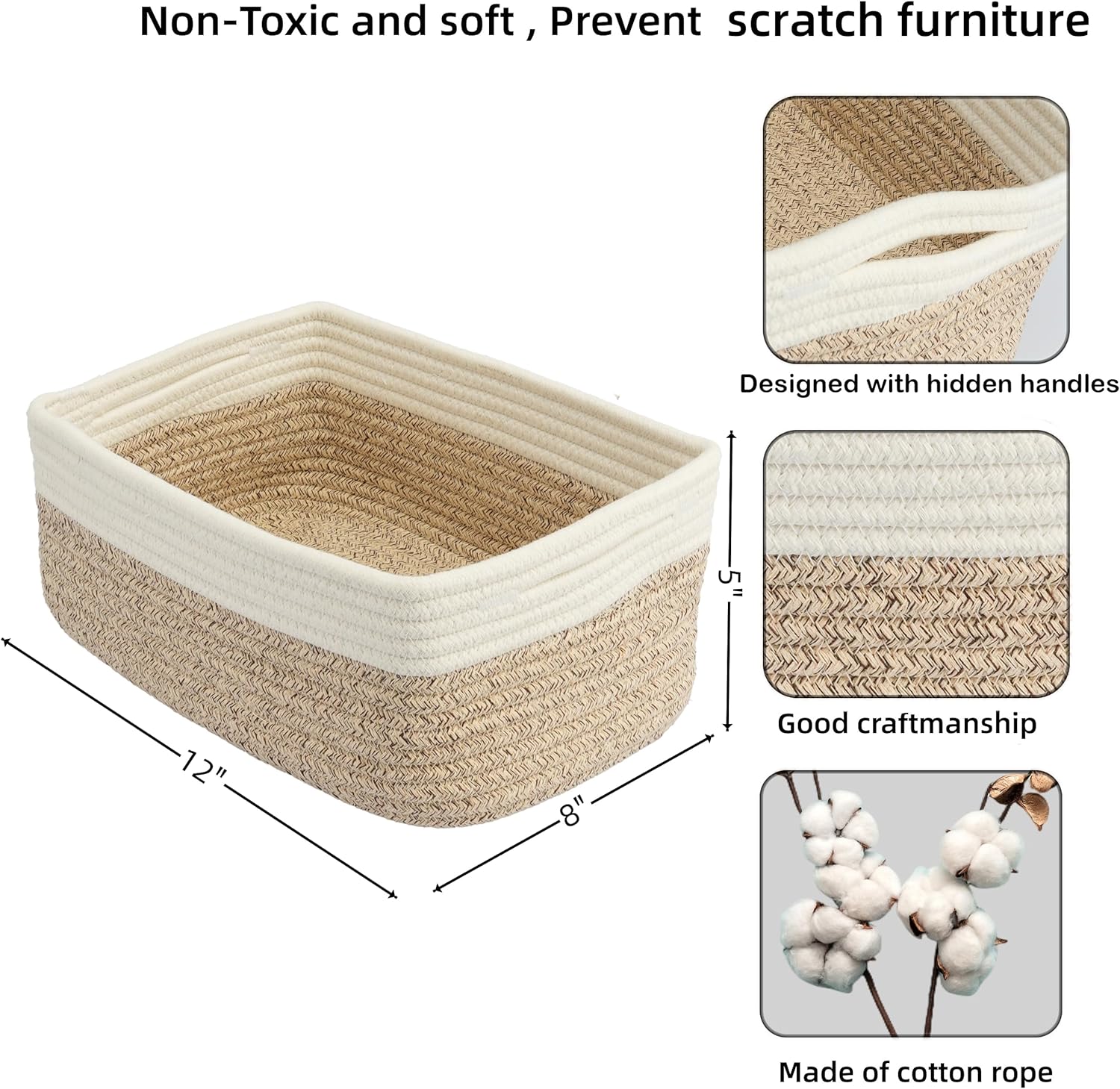 Small Woven Storage Baskets 12“X8”X5“ Decorative Rope Bins for Organizing Shelves, Closets, and