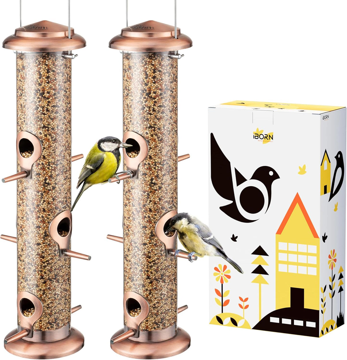 iBorn Metal Bird Feeders Brushed Copper Wild Bird Feeder for Outdoors Hanging All Metal Brushed