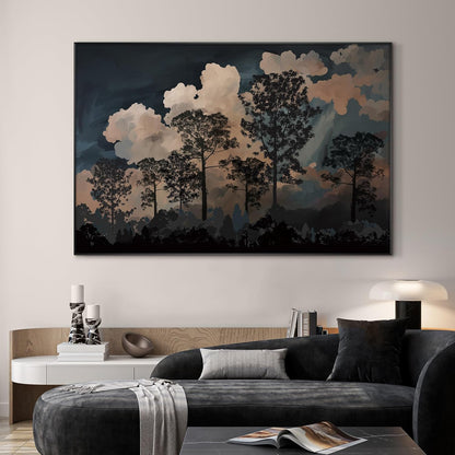 SIGNWIN 46"x72" Extra Large Framed Wall Art Silhouetted Trees at Dusk, Dramatic Forest and