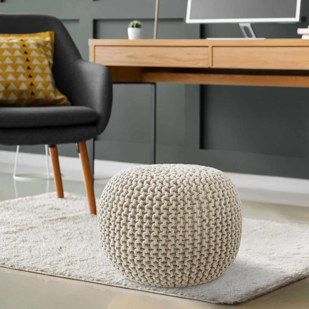 Casafield Round Pouf Ottoman, Natural - 20" Diameter x 14.5" High Cotton Knit Foot Stool - Boho