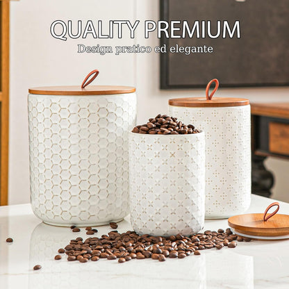 JOJUNO White Ceramic Canister Set with Wooden Lids – 3-Piece Airtight Food Storage Jars for