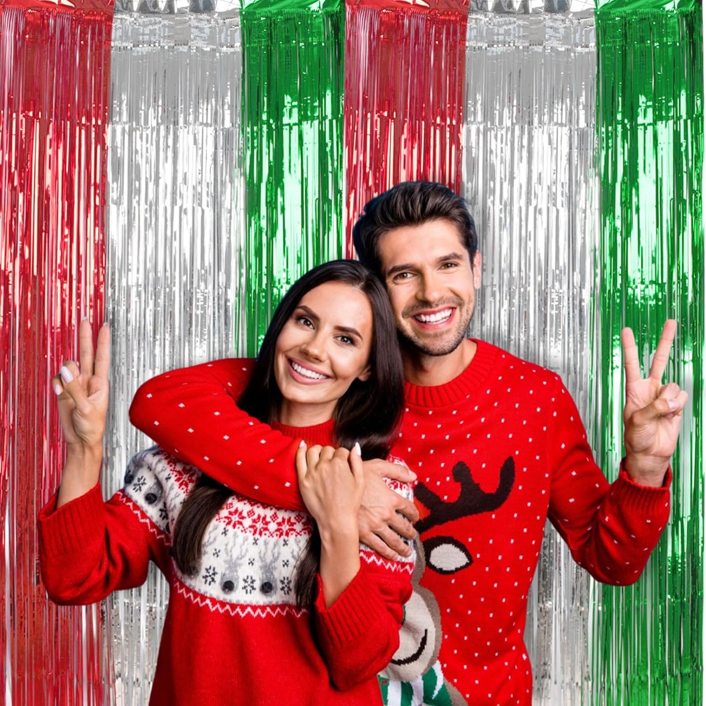 BRAVESHINE 2 Pack Fringe Backdrop Red Silver Green Christmas Party Decorations 3.2 x 6.6 ft Tinsel