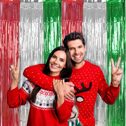 BRAVESHINE 2 Pack Fringe Backdrop Red Silver Green Christmas Party Decorations 3.2 x 6.6 ft Tinsel