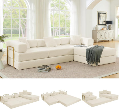 108" Oversized Convertible Sleeper Sofa Bed, Corduroy L Shape Sectional Couch, Folding Sofa Bed