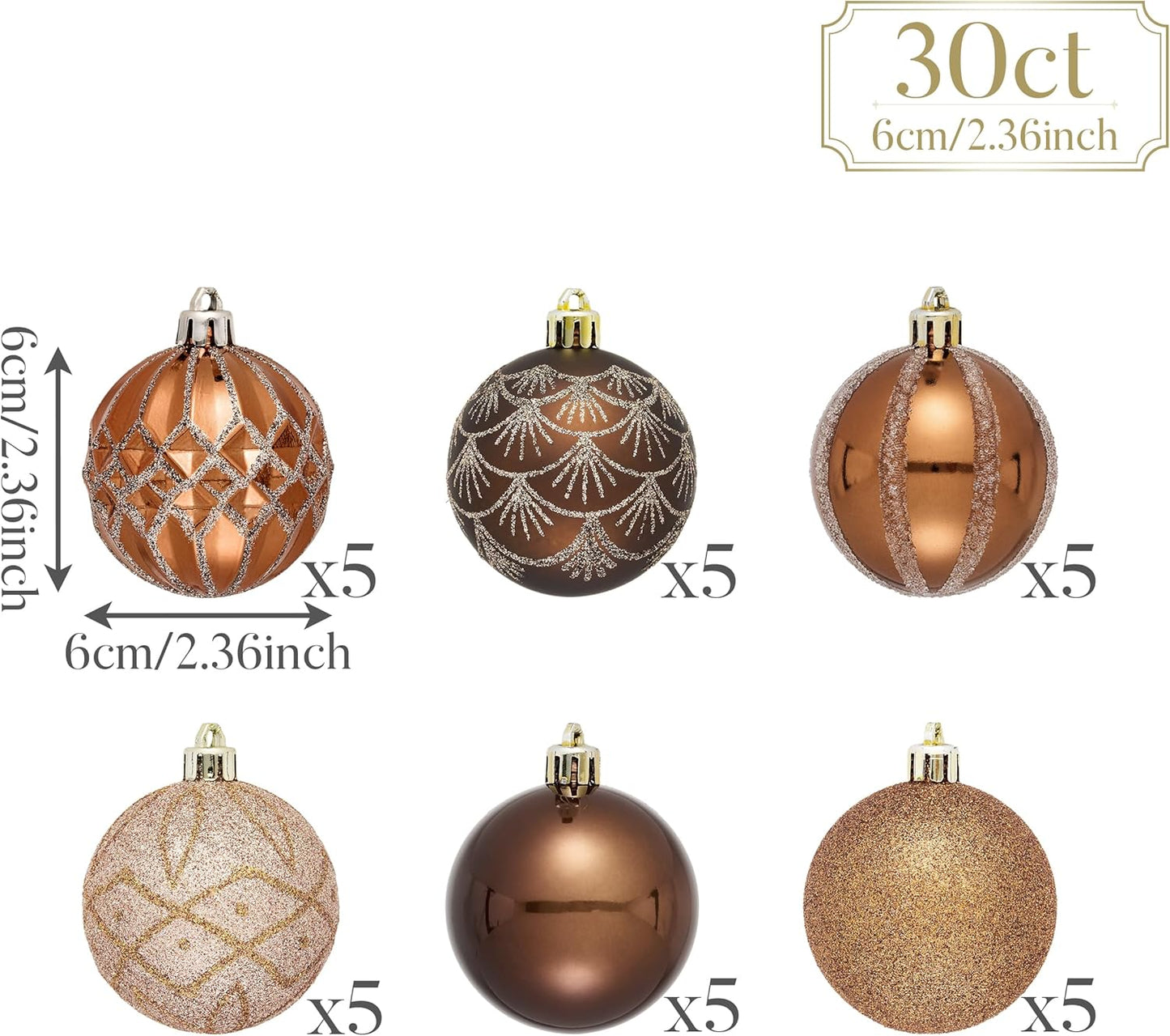 Valery Madelyn Christmas Ornaments Set, 30ct 2.36 Inches Bronze Copper Brown Gold Shatterproof