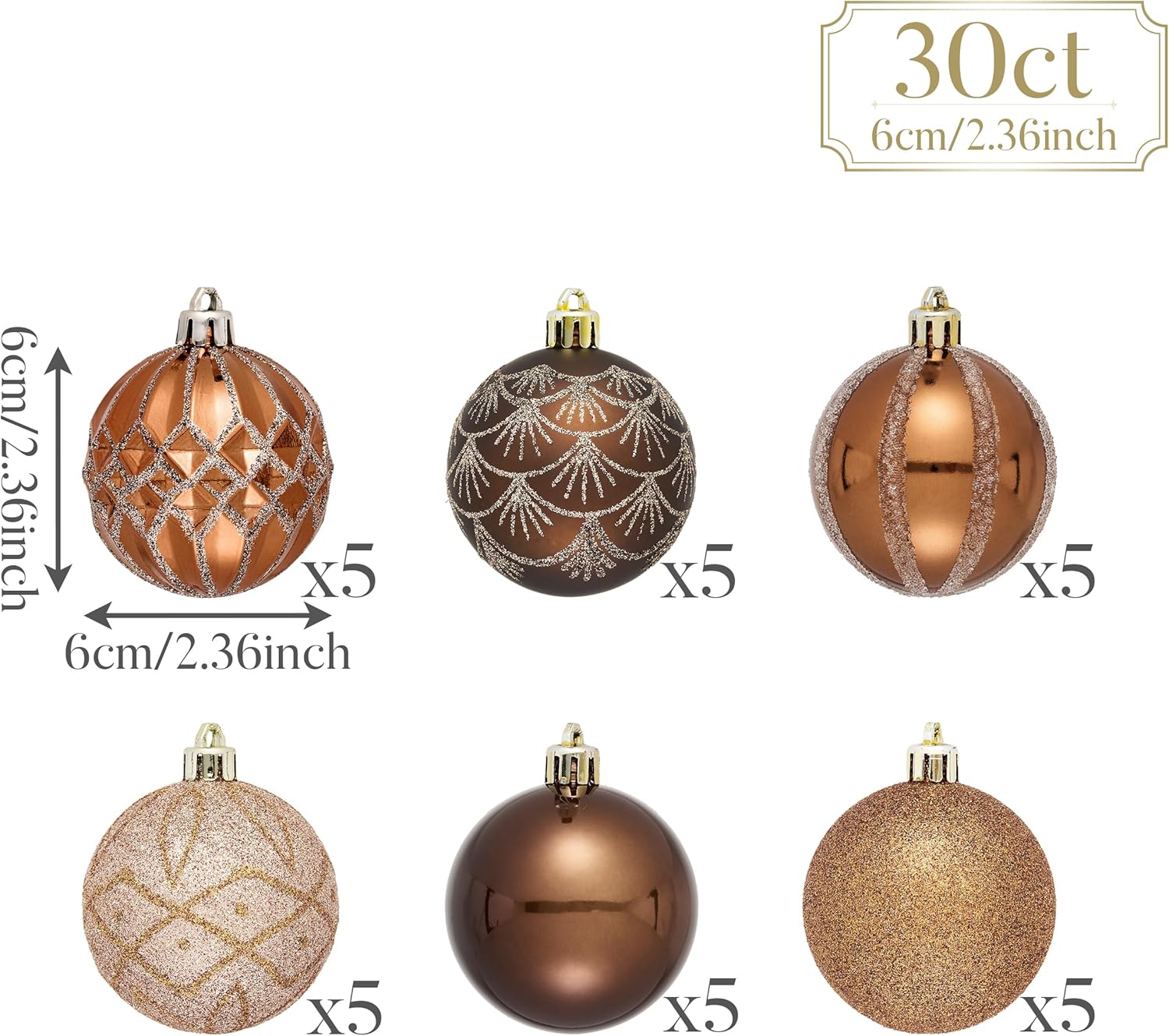 Valery Madelyn Christmas Ornaments Set, 30ct 2.36 Inches Bronze Copper Brown Gold Shatterproof