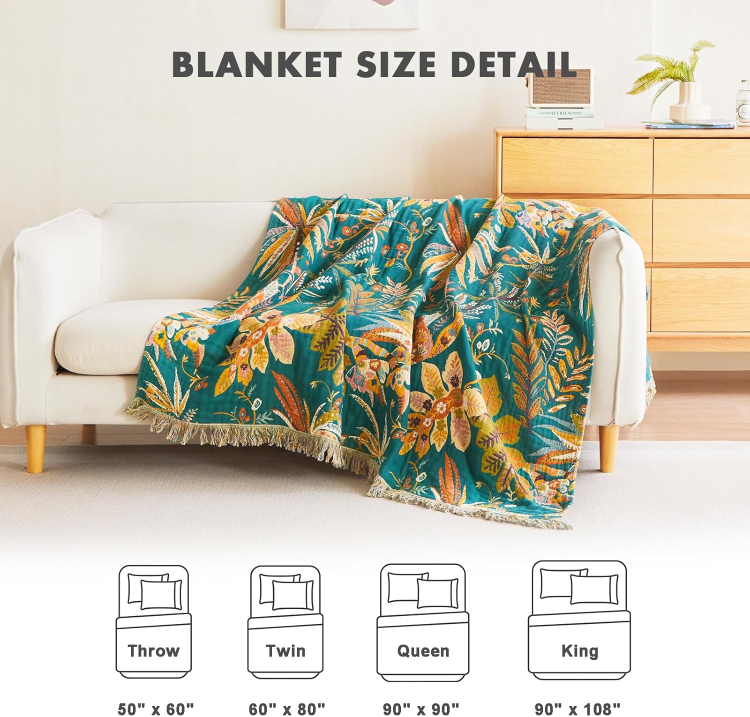 MSGKV Boho Throw Blanket for Bed Twin Size Cotton Muslin Breathable Floral Blanket 60"x80" Sofa