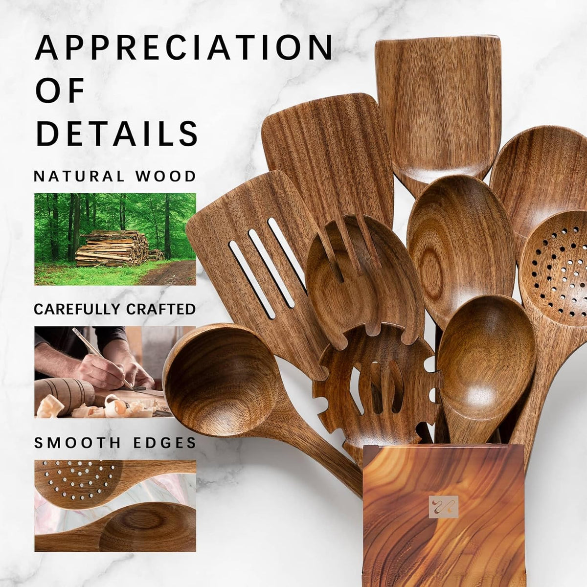Wooden Spoons for Cooking, Nonstick Cooking Utensil Set with 10 Piece Acacia Wooden Spatulas and