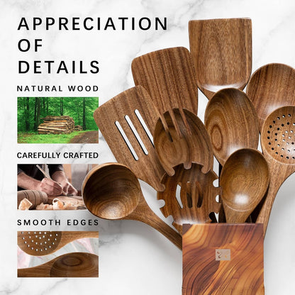 Wooden Spoons for Cooking, Nonstick Cooking Utensil Set with 10 Piece Acacia Wooden Spatulas and