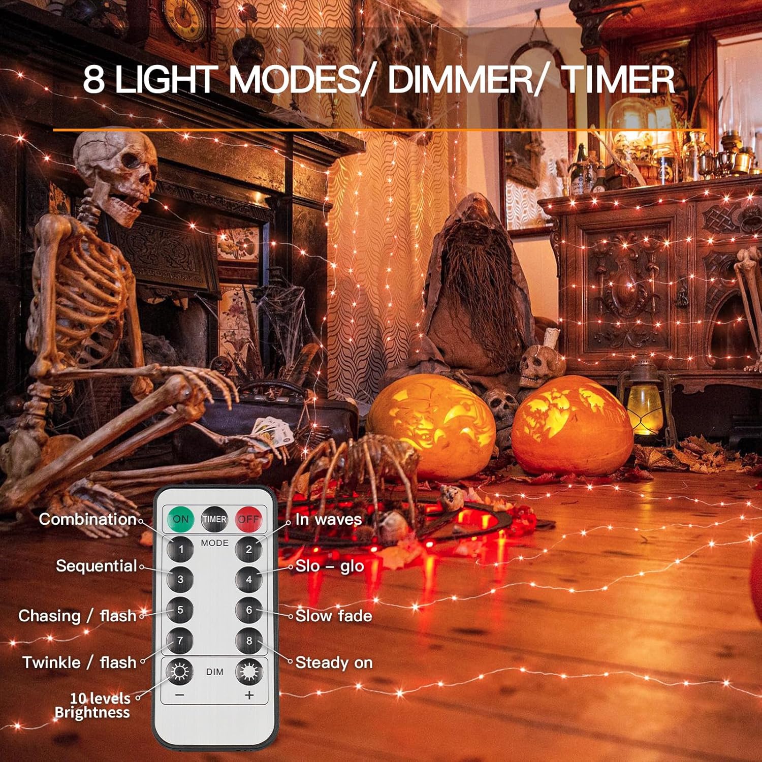 suddus Halloween Lights Battery Operated, 33ft 100 LED Orange String Lights for Outside Decorations
