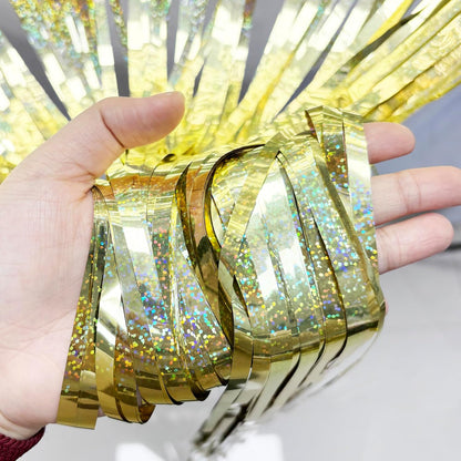 BRAVESHINE Gold Tinsel Streamers Party Backdrop - 2 Pack 3.2x8.2ft Metallic Foil Fringe Curtain for