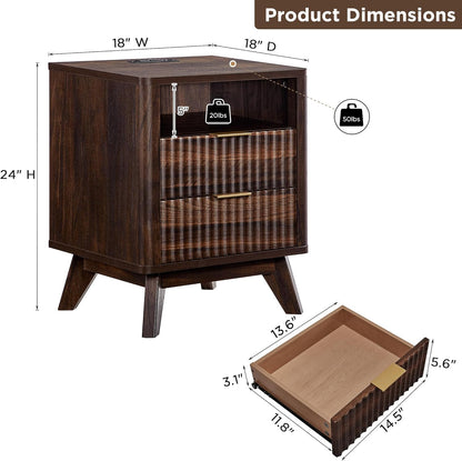 T4TREAM Fluted Nightstand with Charging Station, 18" Modern Side Table, 2 Drawers End Table with