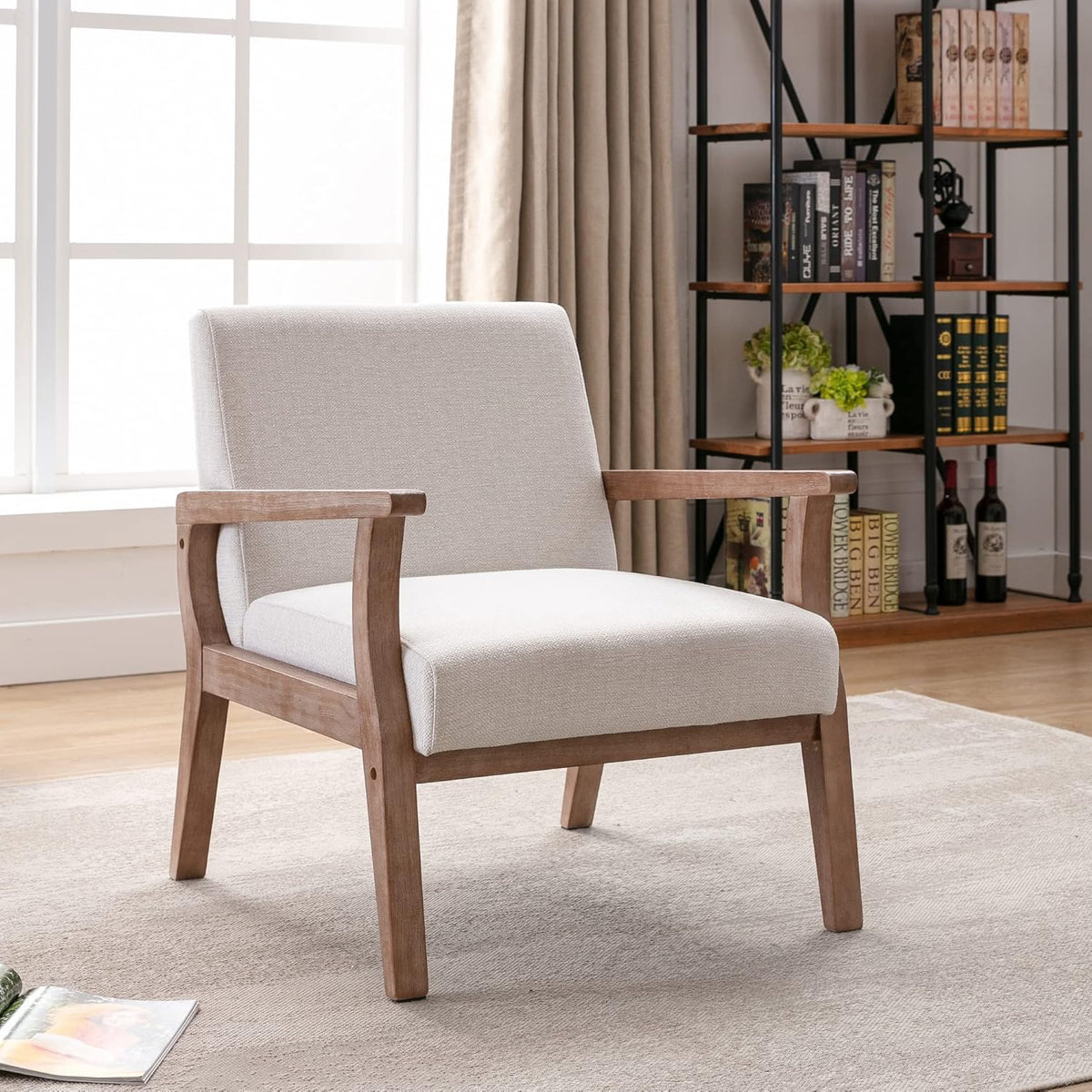 Mid Century Modern Accent Chair Set of 2, Linen Upholstered Living Room Accent Armchair with Wood