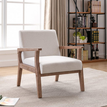 Mid Century Modern Accent Chair Set of 2, Linen Upholstered Living Room Accent Armchair with Wood