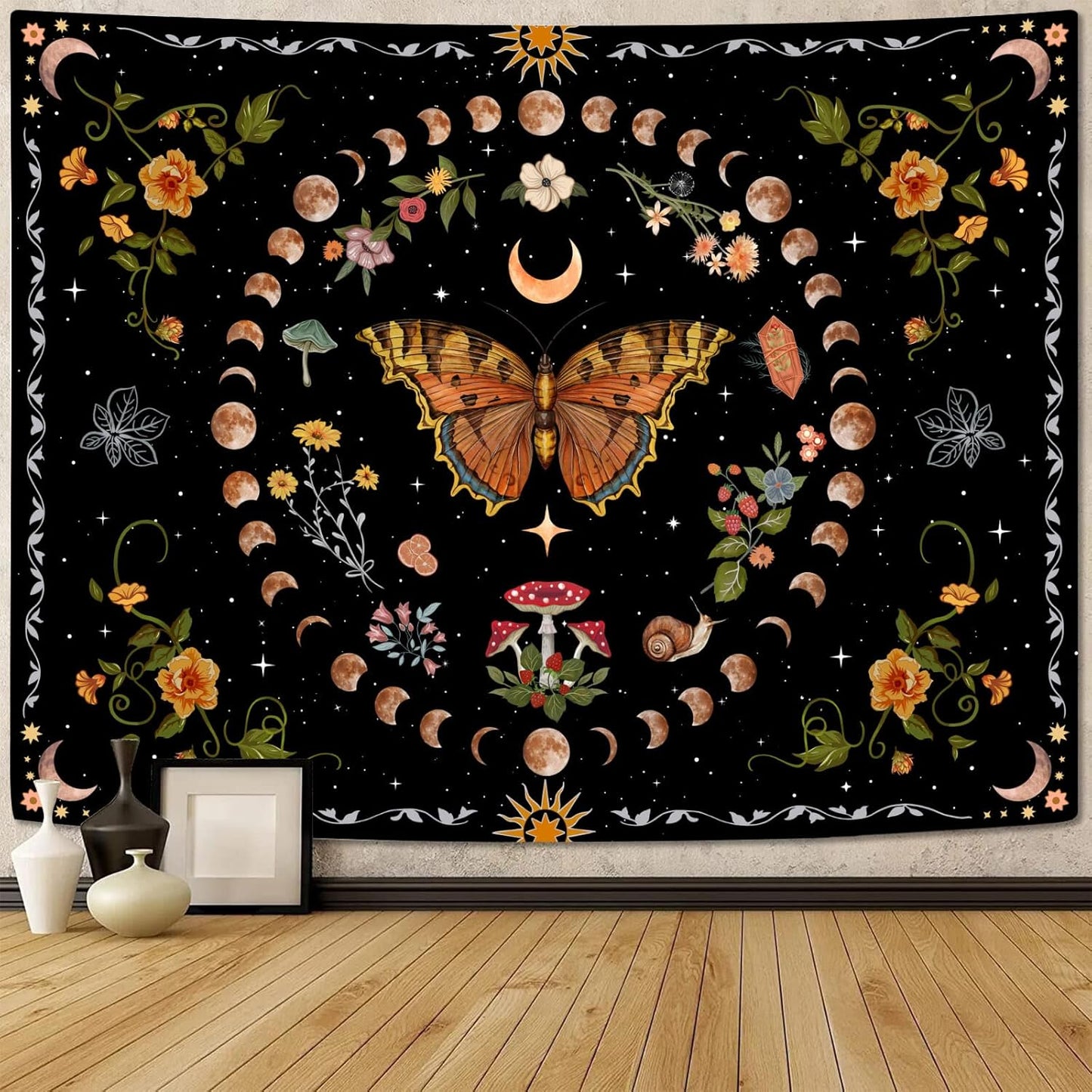Aipon Orange Butterfly Moon Flower Tapestry Botanical Floral Plant Boho Tapestry for Bedroom