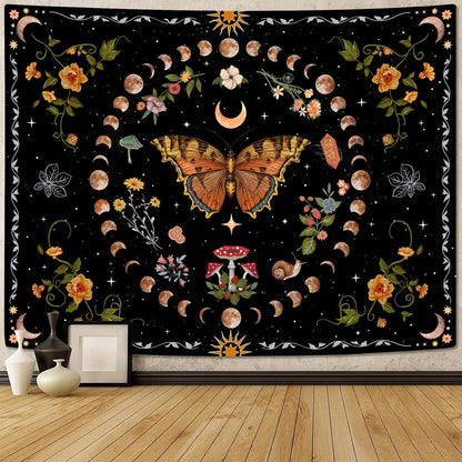 Aipon Orange Butterfly Moon Flower Tapestry Botanical Floral Plant Boho Tapestry for Bedroom
