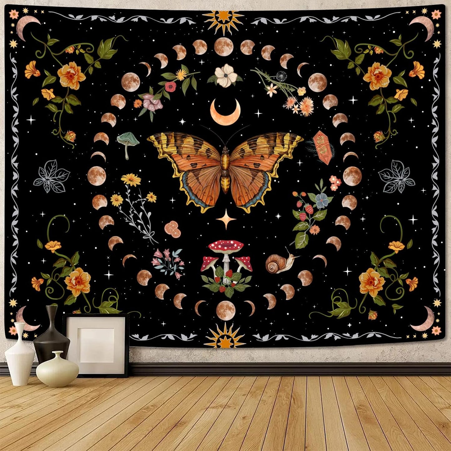 Aipon Orange Butterfly Moon Flower Tapestry Botanical Floral Plant Boho Tapestry for Bedroom