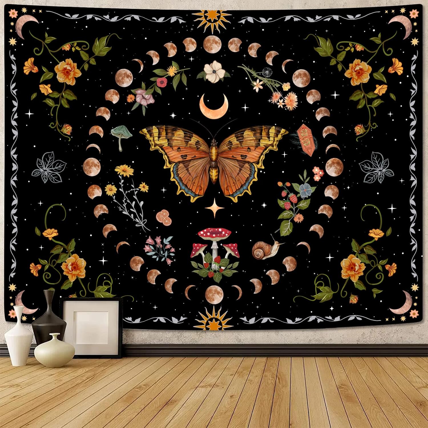 Aipon Orange Butterfly Moon Flower Tapestry Botanical Floral Plant Boho Tapestry for Bedroom