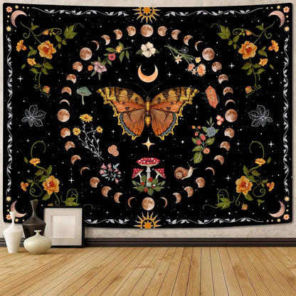 Aipon Orange Butterfly Moon Flower Tapestry Botanical Floral Plant Boho Tapestry for Bedroom