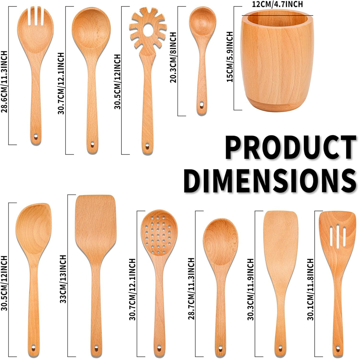 11 PCS WOSPONFAN Kitchen Utensils Set - Wooden Spoons for Cooking, Natural Beech Wood Wooden
