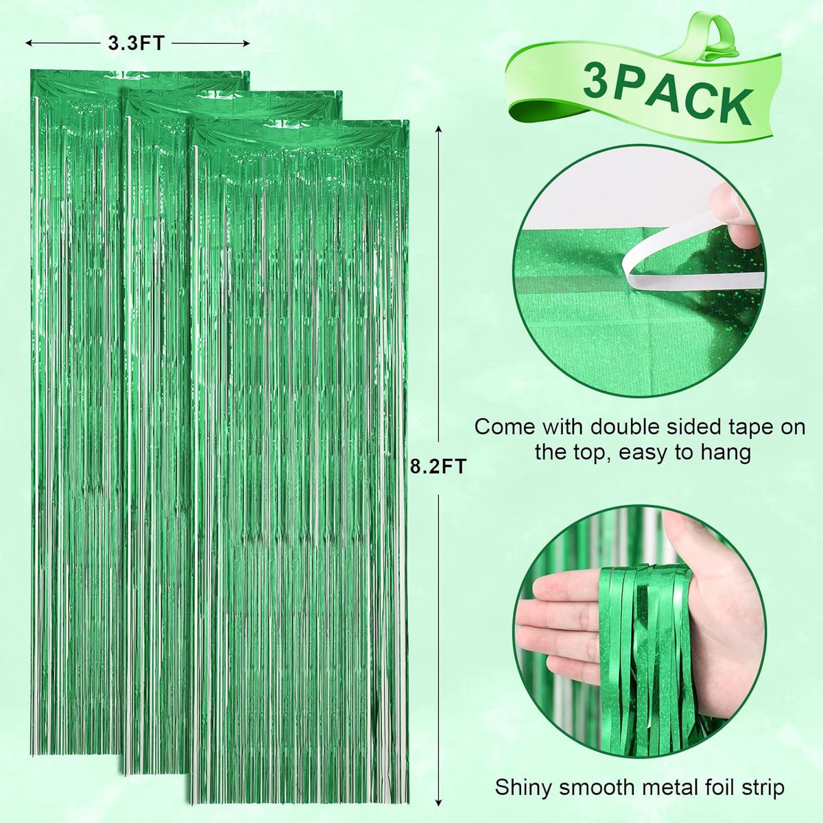 3 Pack 3.3 x 8.2 ft Laser Green Foil Fringe Backdrop Curtains, Tinsel Streamers Birthday Party