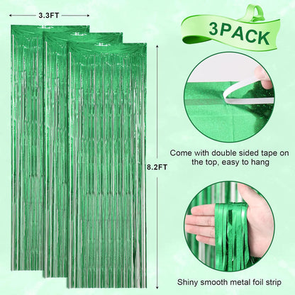 3 Pack 3.3 x 8.2 ft Laser Green Foil Fringe Backdrop Curtains, Tinsel Streamers Birthday Party