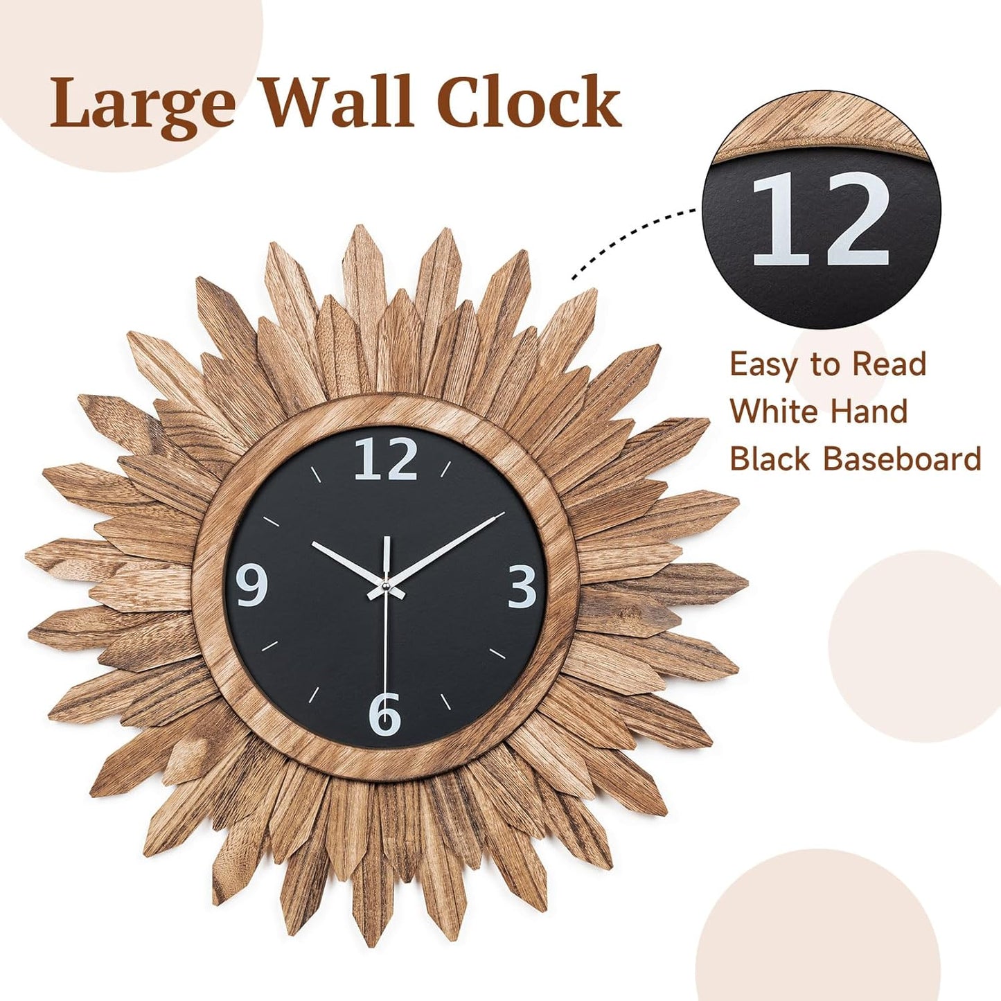 Honiway 16 Inch Wall Clocks, Rustic Wood Boho Sunburst Decorative Wall Clock Battery Operated