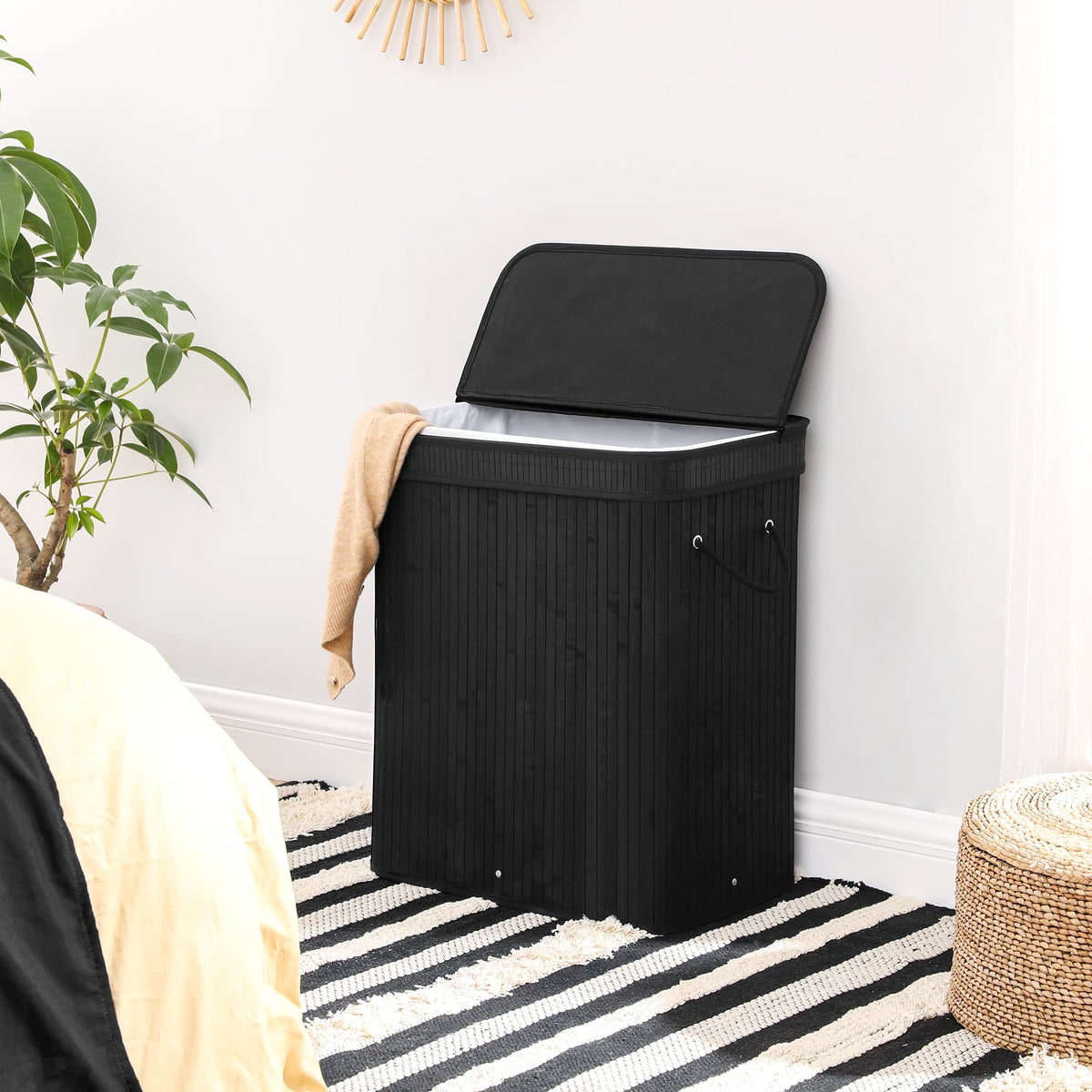 SONGMICS Laundry Hamper with Lid, Bamboo Laundry Basket, Removable Machine Washable Laundry Basket