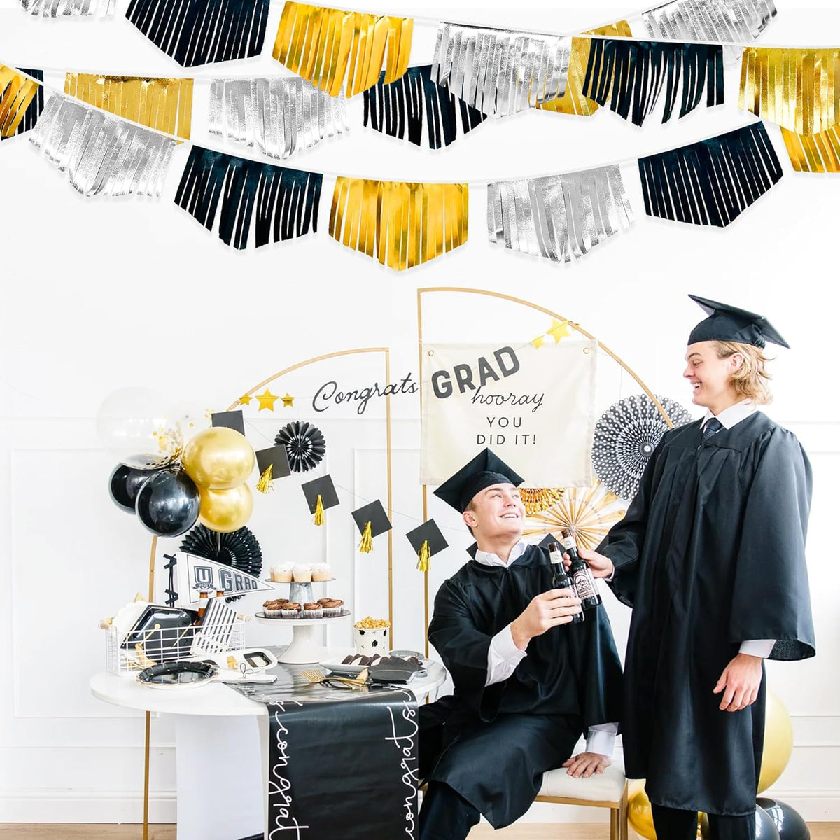 Black Silver Gold Tassel Banner Double Sided Metallic Fabric Pennant Bunting Flag Garland for