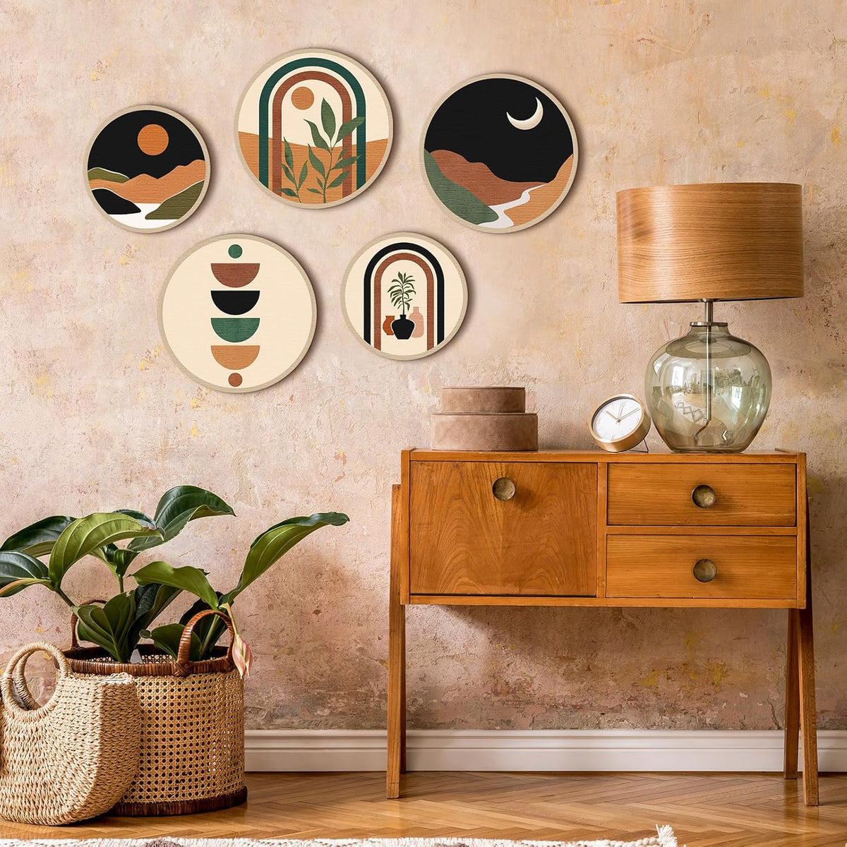 Qunclay 5 Pcs Wall Art Decor Wooden Living Room Wall Decor Bohemian Hanging Farmhouse Geometric