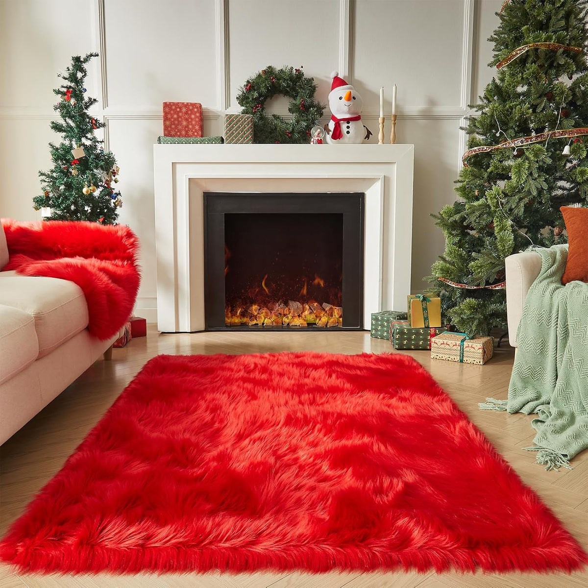 AMTOVO Faux Fur Sheepskin Rug for Living Room, 4 x 6 ft Red Fluffy Area Rug for Bedroom, Playroom