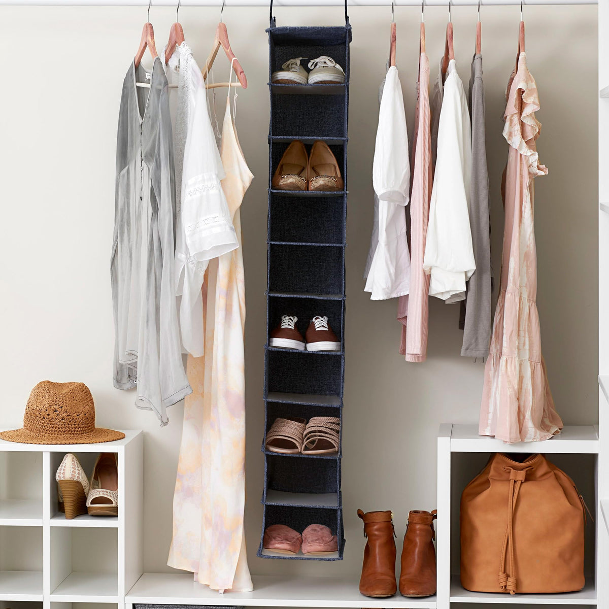 Household Essentials Hanging Narrow Cotton Blend and Plastic Closet Organizer with 10 Storage