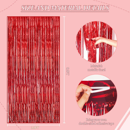 3 Pack Foil Fringe Backdrop - Red Shiny Tinsel Curtains for Party Decoration/Photo Booth Props