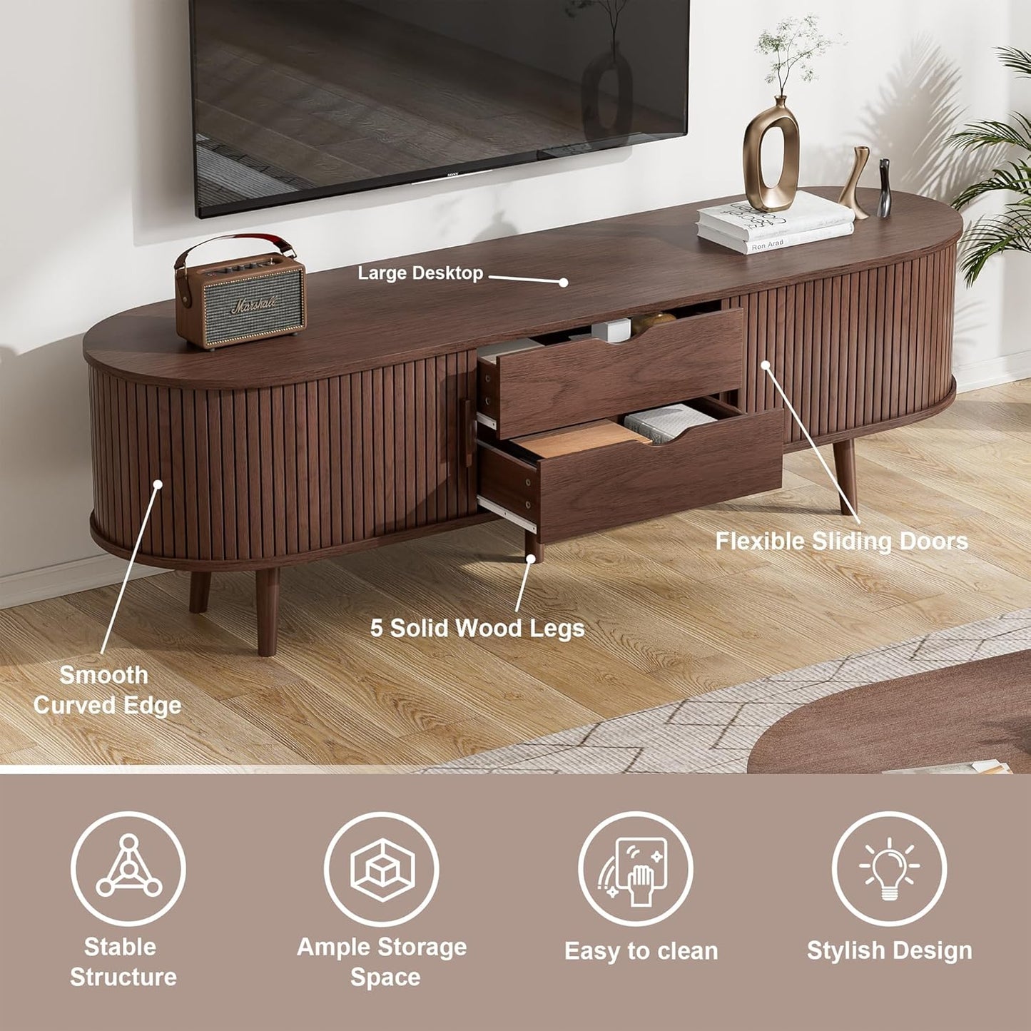 55" Mid Century TV Stand, Fluted TV Stand Fits 32" to 60" TVs. Wood Entertainment Center for Living