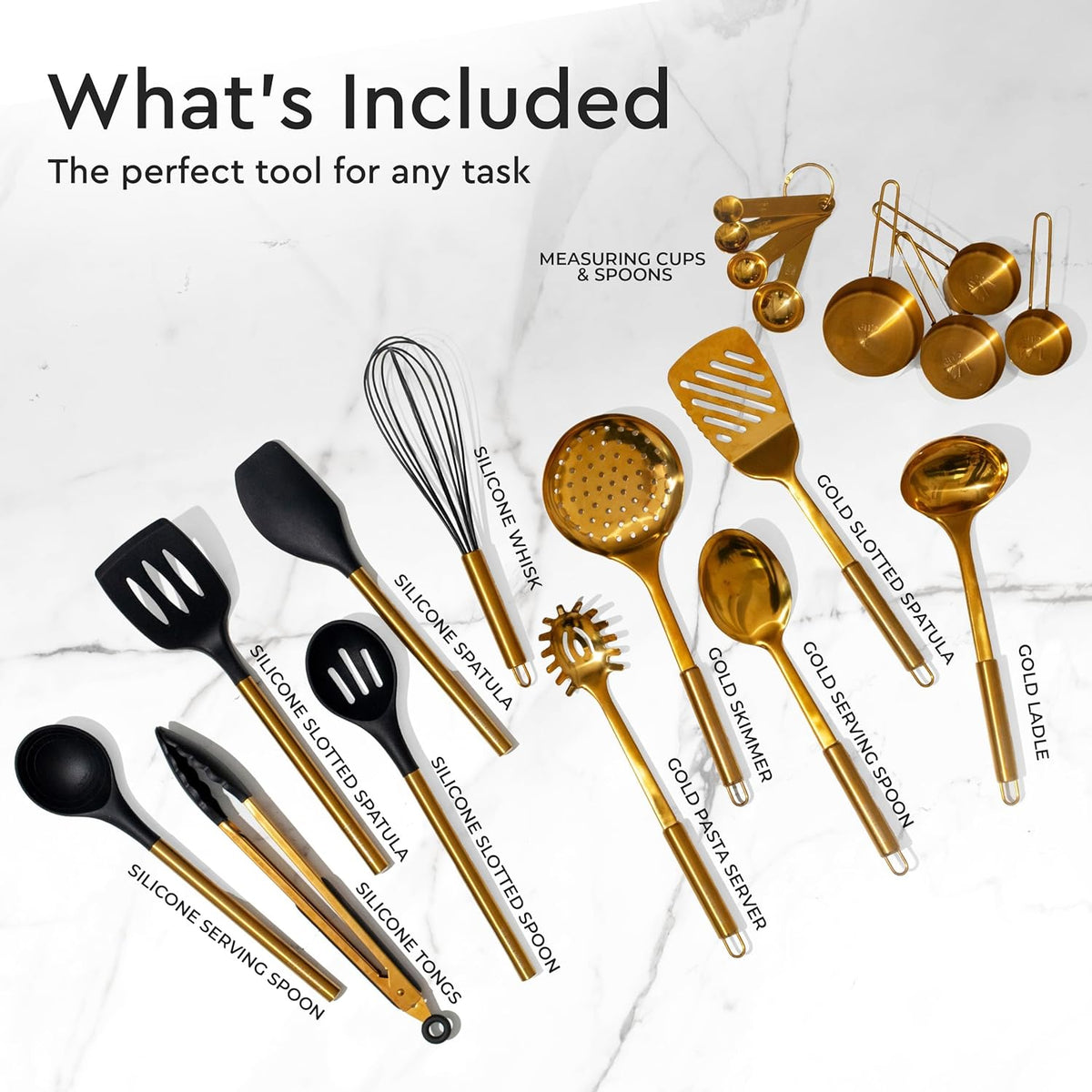 Black and Gold Kitchen Utensils Set - 19-PC Set Includes Stainless Steel and Silicone Cooking