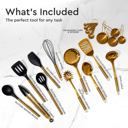 Black and Gold Kitchen Utensils Set - 19-PC Set Includes Stainless Steel and Silicone Cooking