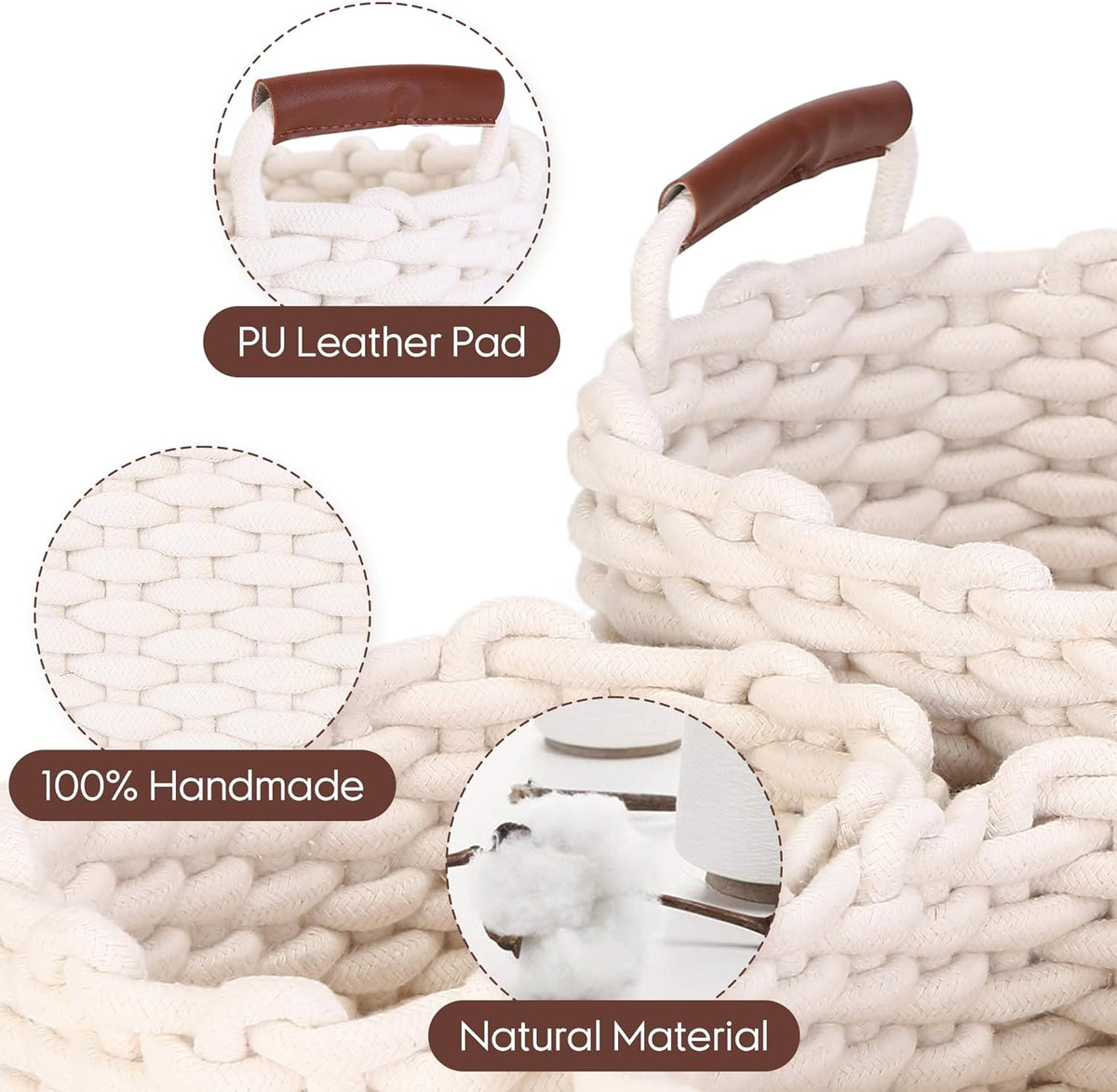 Sea Team 3-Pack Rectangle Woven Cotton Rope Storage Baskets with Handles, Shelf Basket, Closet