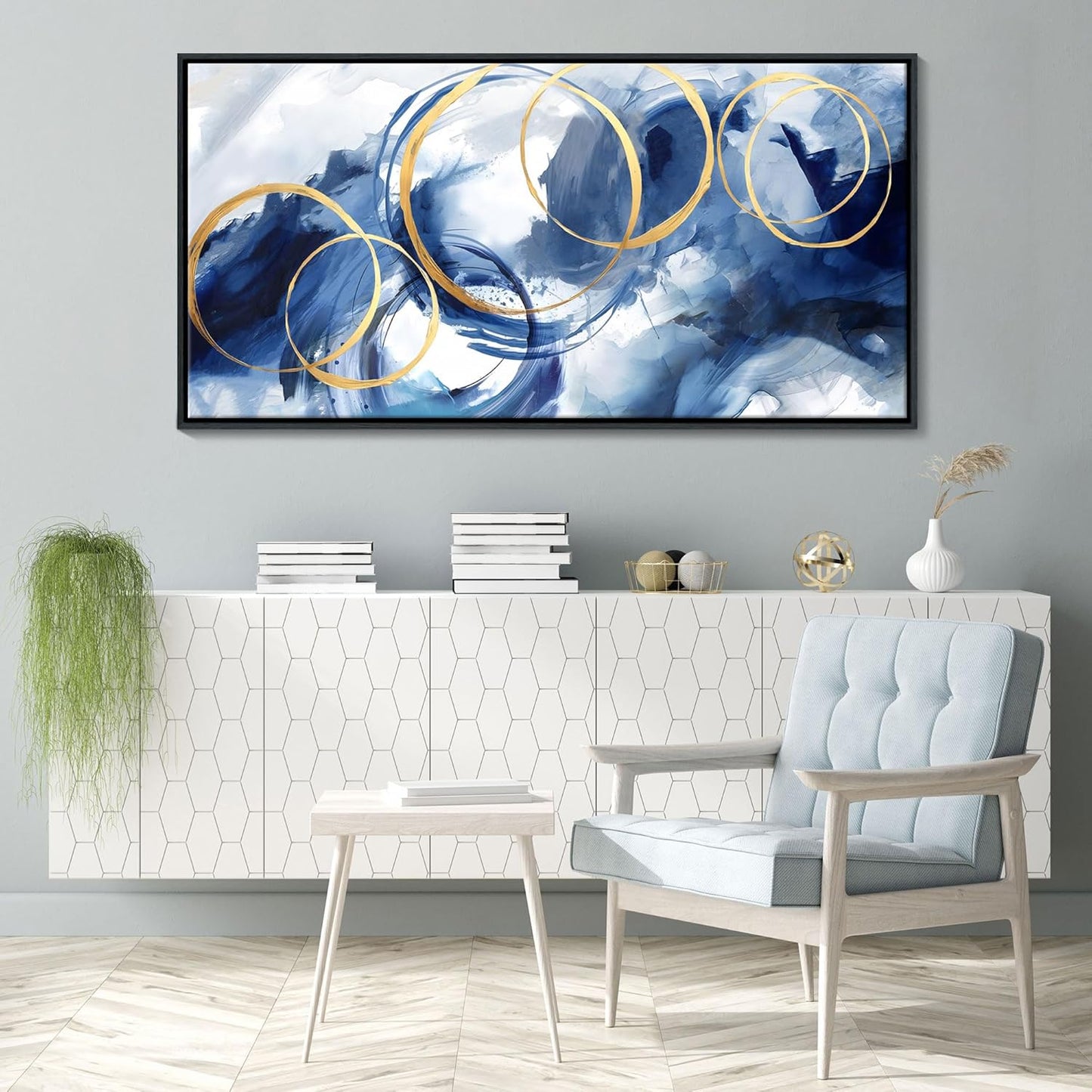Framed Abstract Wall Art Blue Modern Art Wall Decor Artwork For Living Room Huge Wall Canvas Office