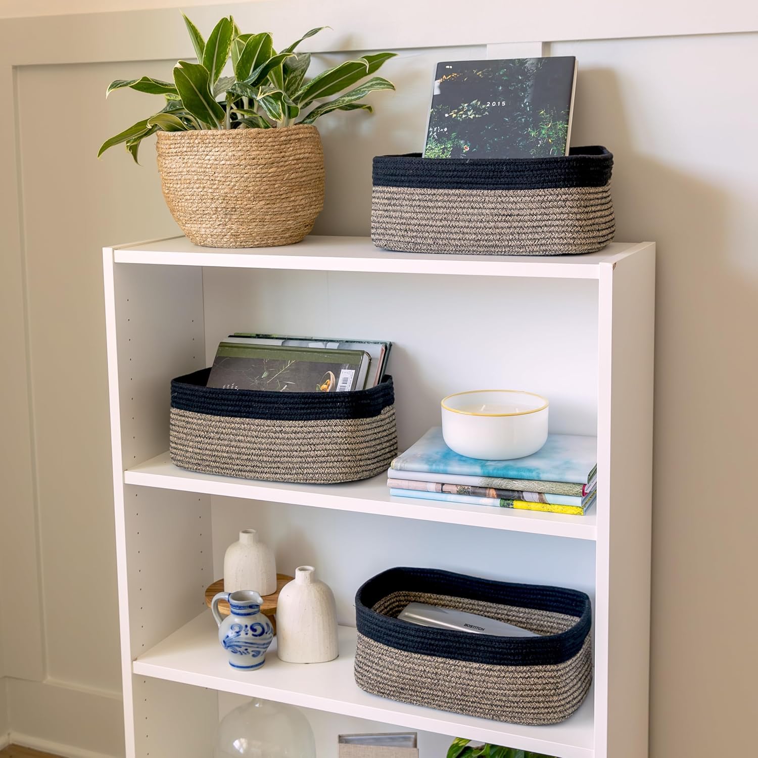 NaturalCozy 13.5”x8.5”x5.5” Rectangle Storage Baskets for Shelves 3 Pack | Cotton Rope Woven Small