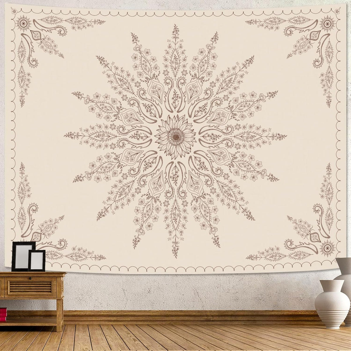Fowocu Boho Floral Mandala Tapestry for Bedroom Aesthetic Bohemian Flower Wall Tapestry Beige